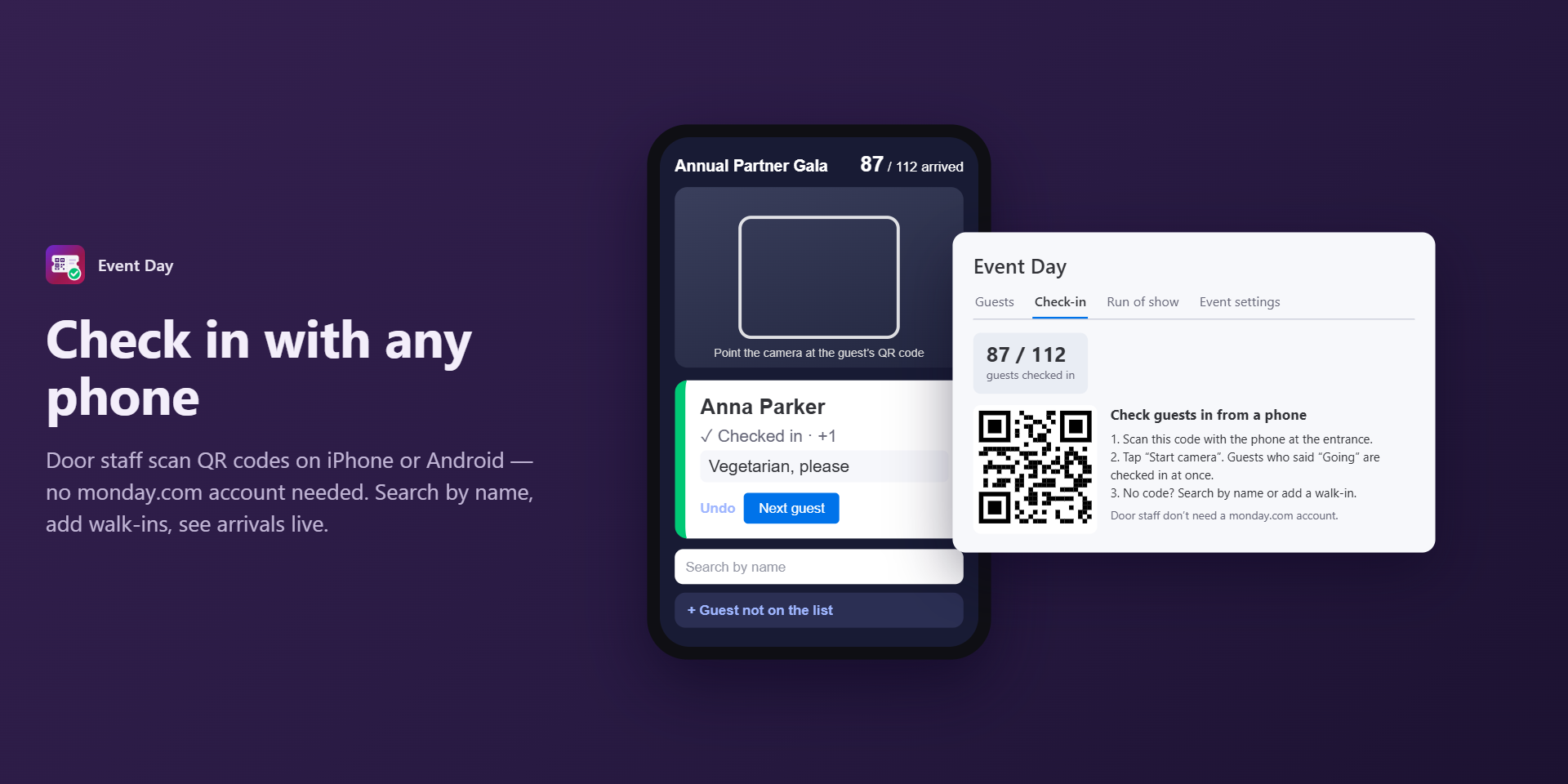 Checking a guest in with a phone: the guest's card shows Checked in, next to the Check-in tab with the arrivals counter