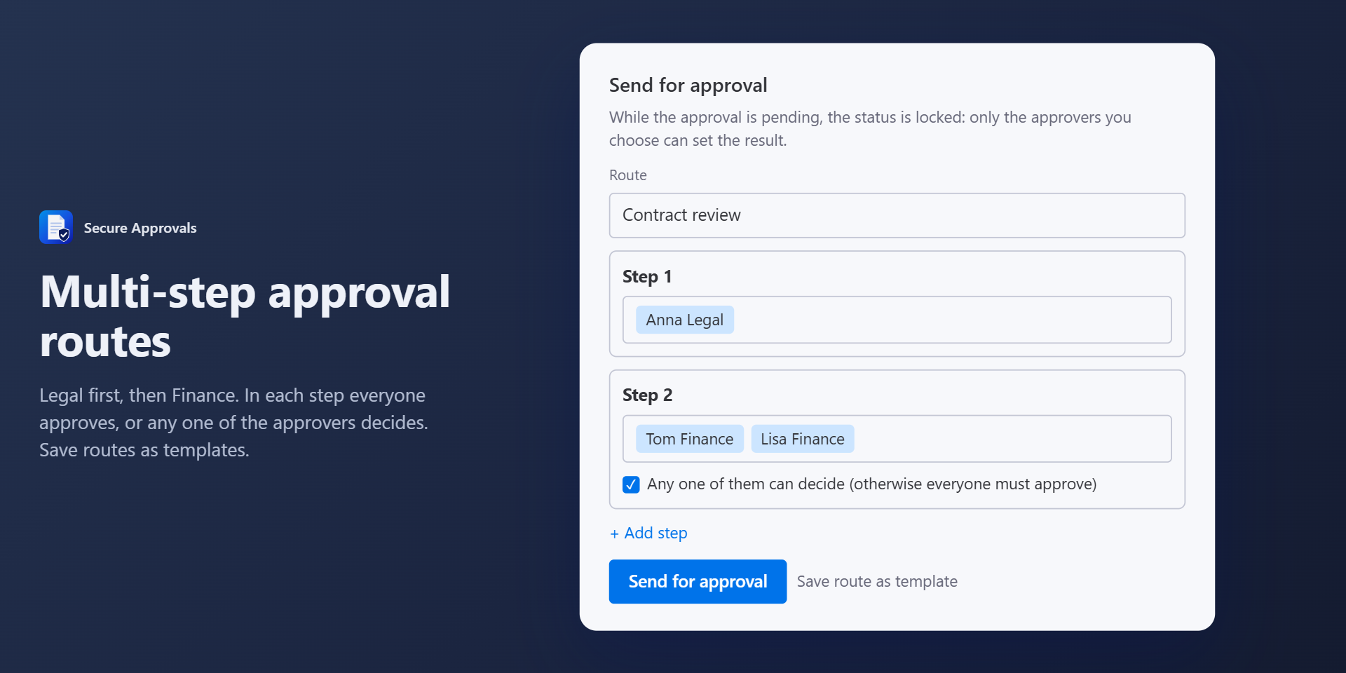 The Send for approval form with a two-step route