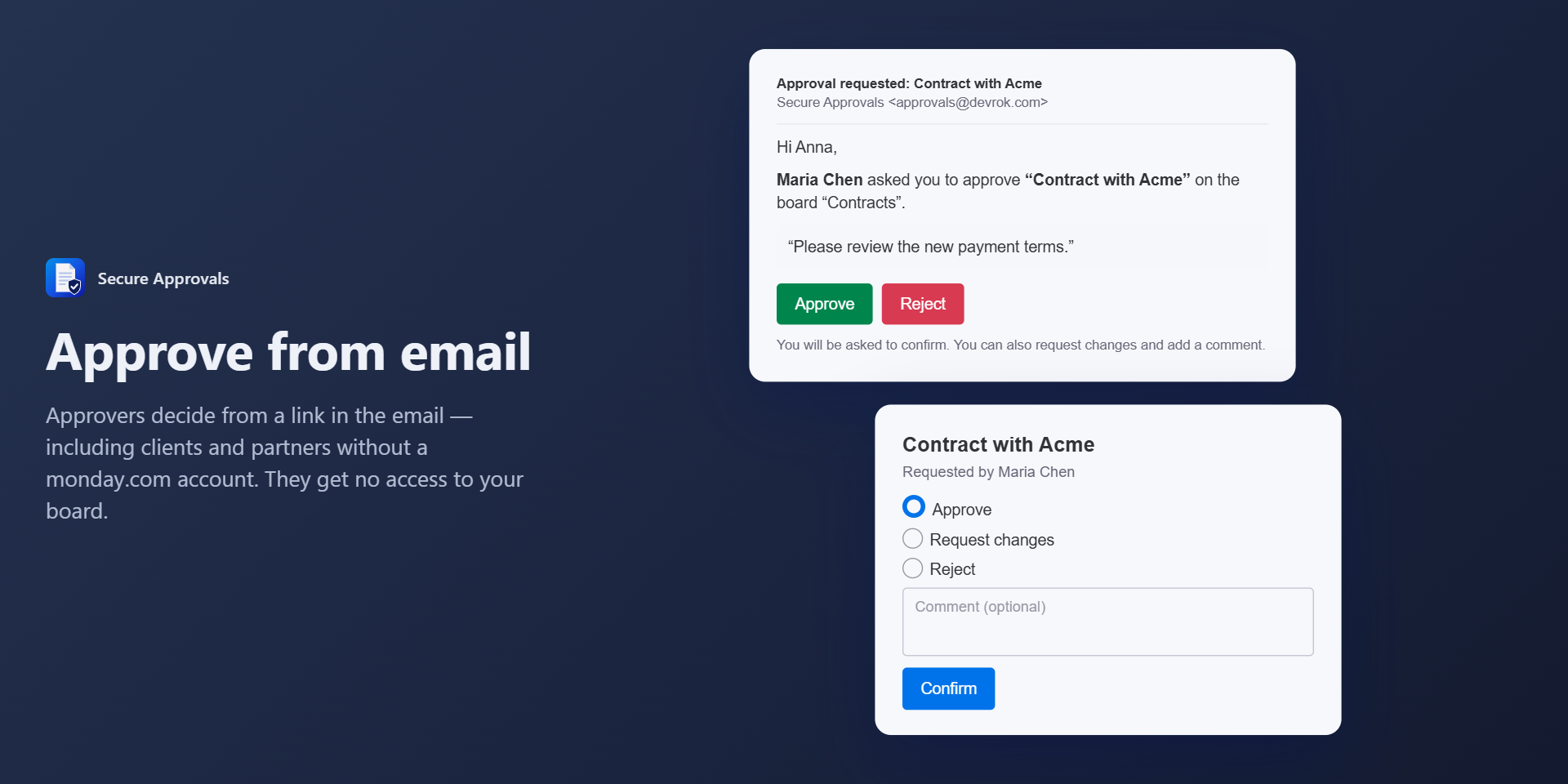 An approval email and the confirmation page