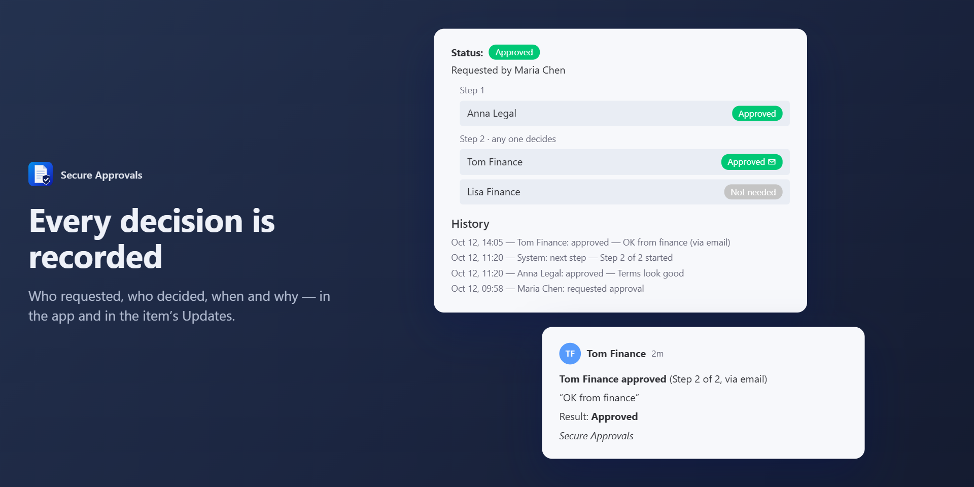 The approval history and the post in the item's Updates